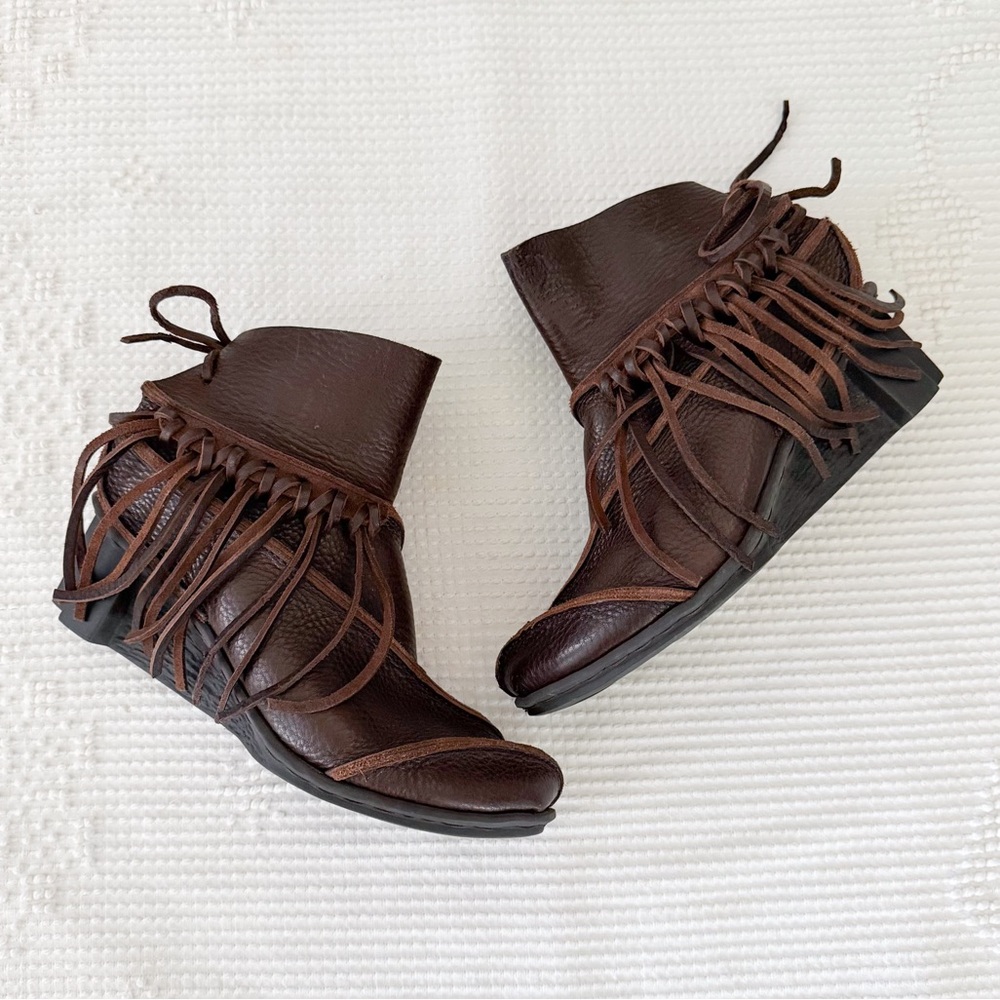 Trippen California Brown Leather Ankle Boots Fringed Wedge 37 US 6.5